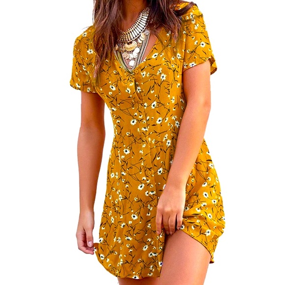 Reverse Dresses & Skirts - Reverse Yellow Floral Button Down Dress Large NWT